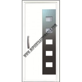 PUERTA DE CALLE CON PANELES CONTEMPORANEOS CON APLICAIONES DE ACERO INOXIDABLE BLANCA ST-3002 DE 2100X960 MM