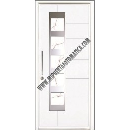 PUERTA DE CALLE CON PANELES CONTEMPORANEOS CON APLICACIONES DE ACERO INOXIDABLE BLANCA ST-4105